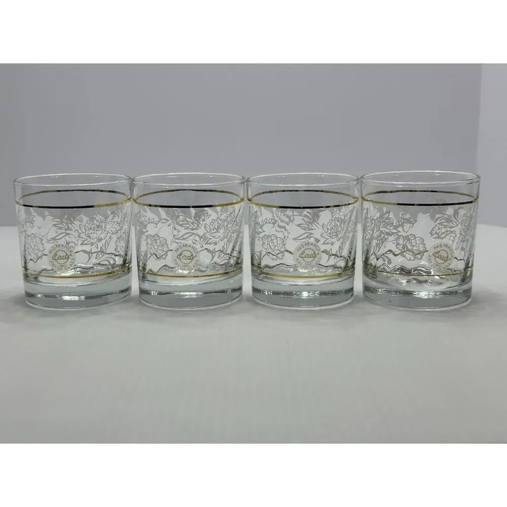 4 Pasabahce Circle Turkey‎ Art of Glass Double Old Fashioned Gold Rim Floral Set